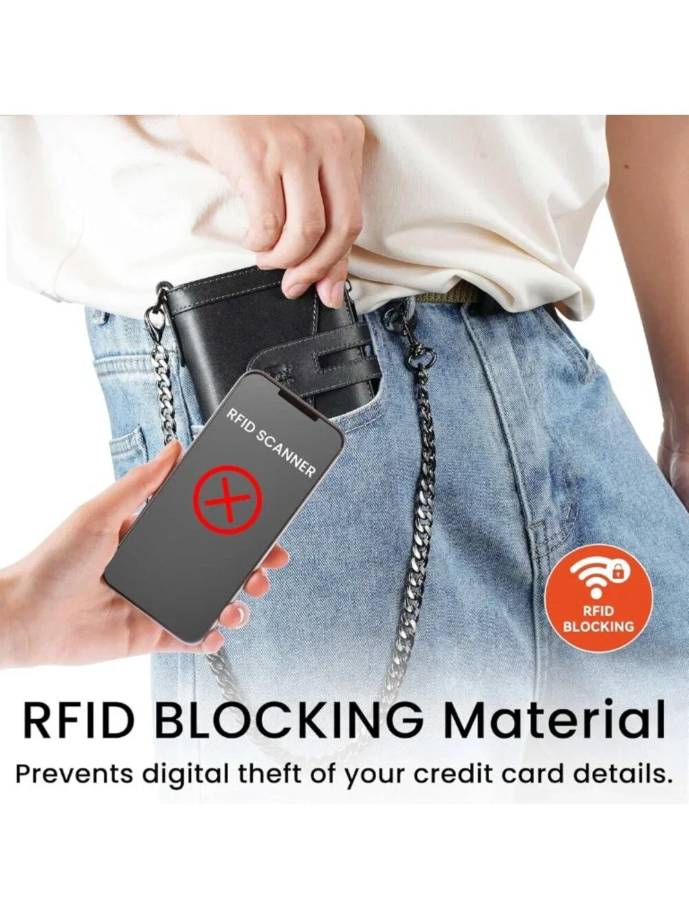 Stylish Genuine Leather Men's Bifold Wallet with RFID, Zipper Pocket & Chain